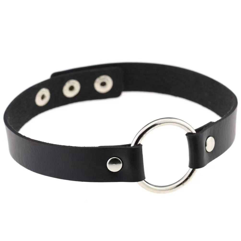 PU leather rivet o ring metal chain necklace