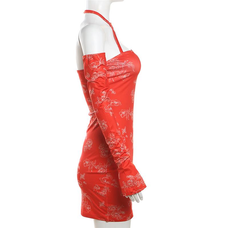 Halter gloves print ruched backless mini dress  | red tango dress