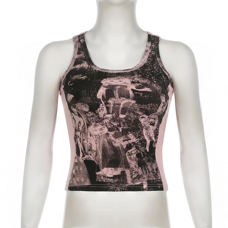 Ribbed print u neck contrast tank top