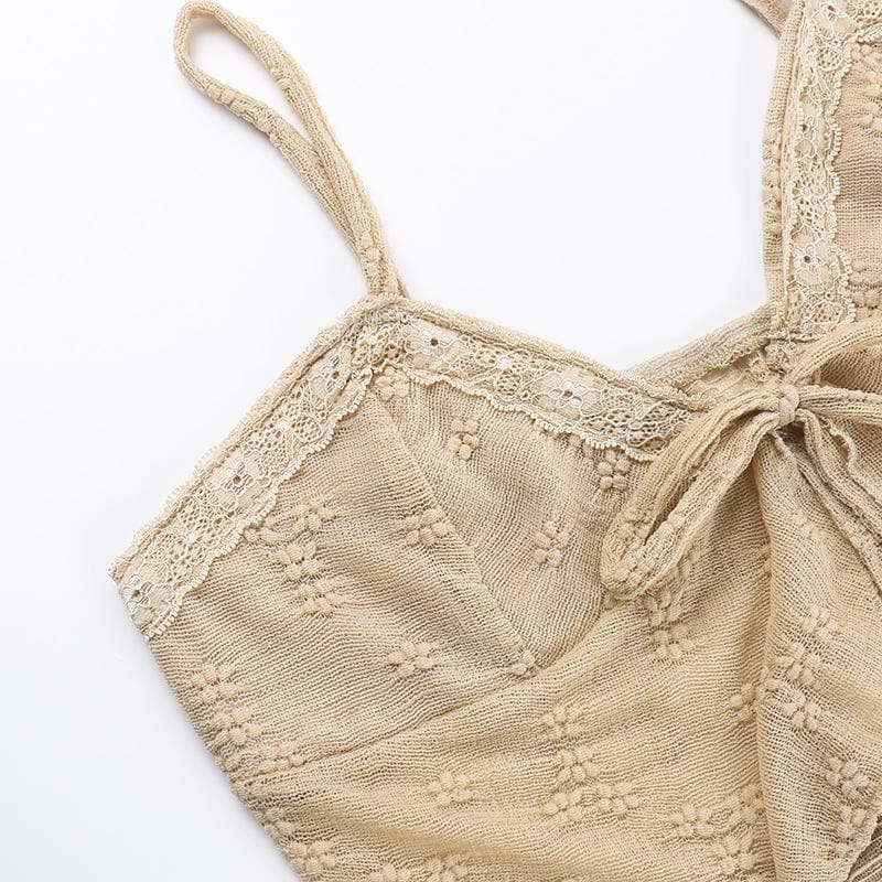 Ruffle textured v neck lace hem cami top
