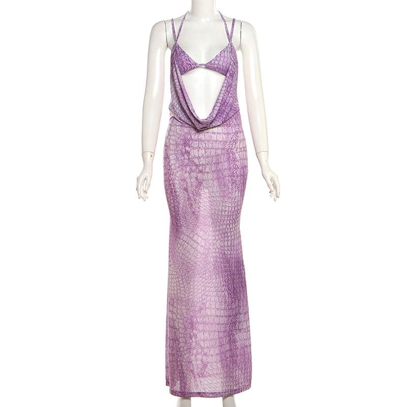 Halter hollow out print cami maxi dress