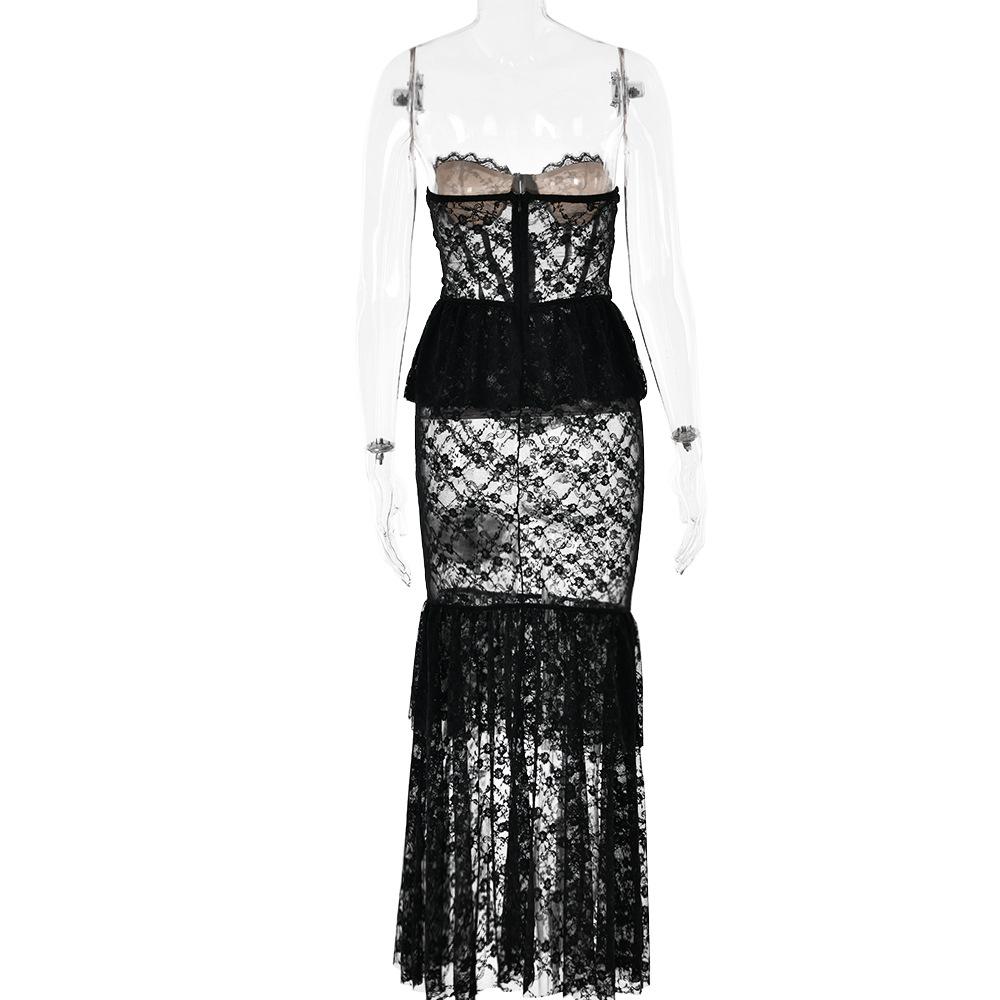 Sweetheart neck lace see through bustier ruched tube maxi dress  | red tango dress