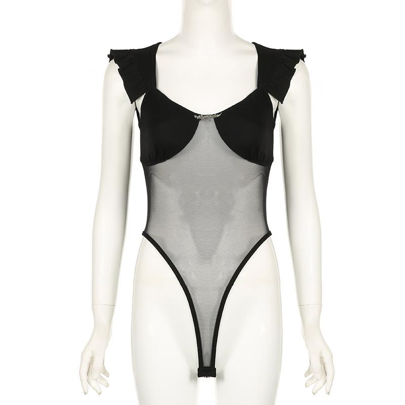 Mesh ruffle v neck metal tag bodysuit