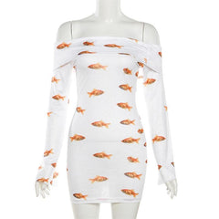 Goldfish print off shoulder long sleeve mini dress