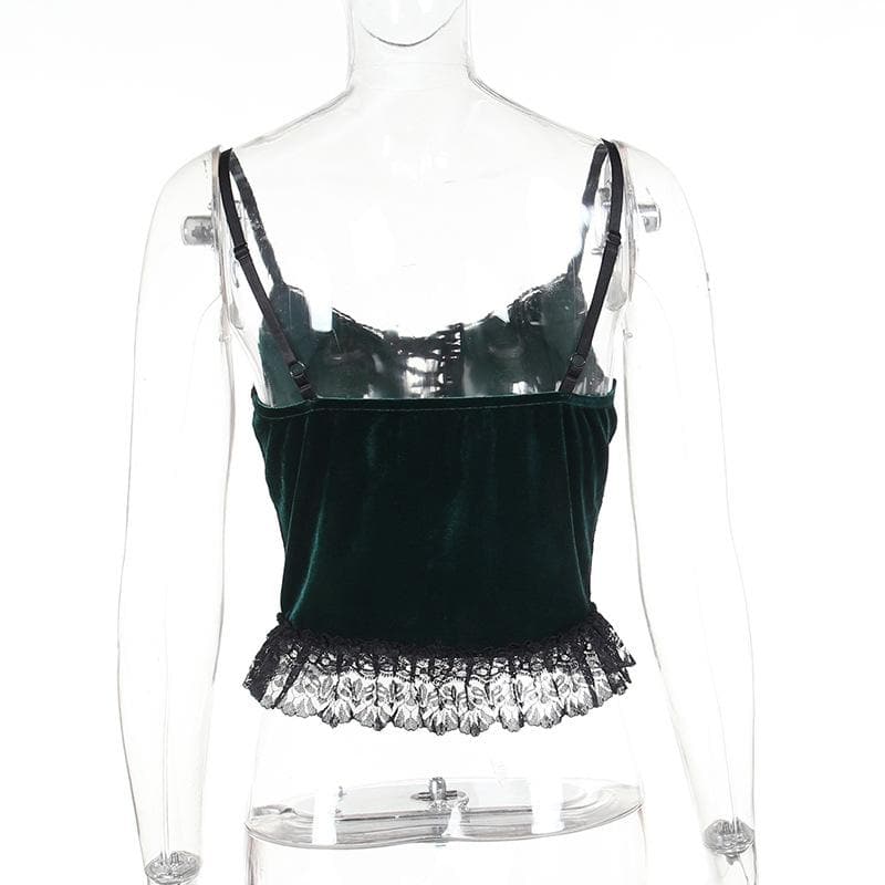 Velvet lace patchwork lace up sweetheart neck cami top