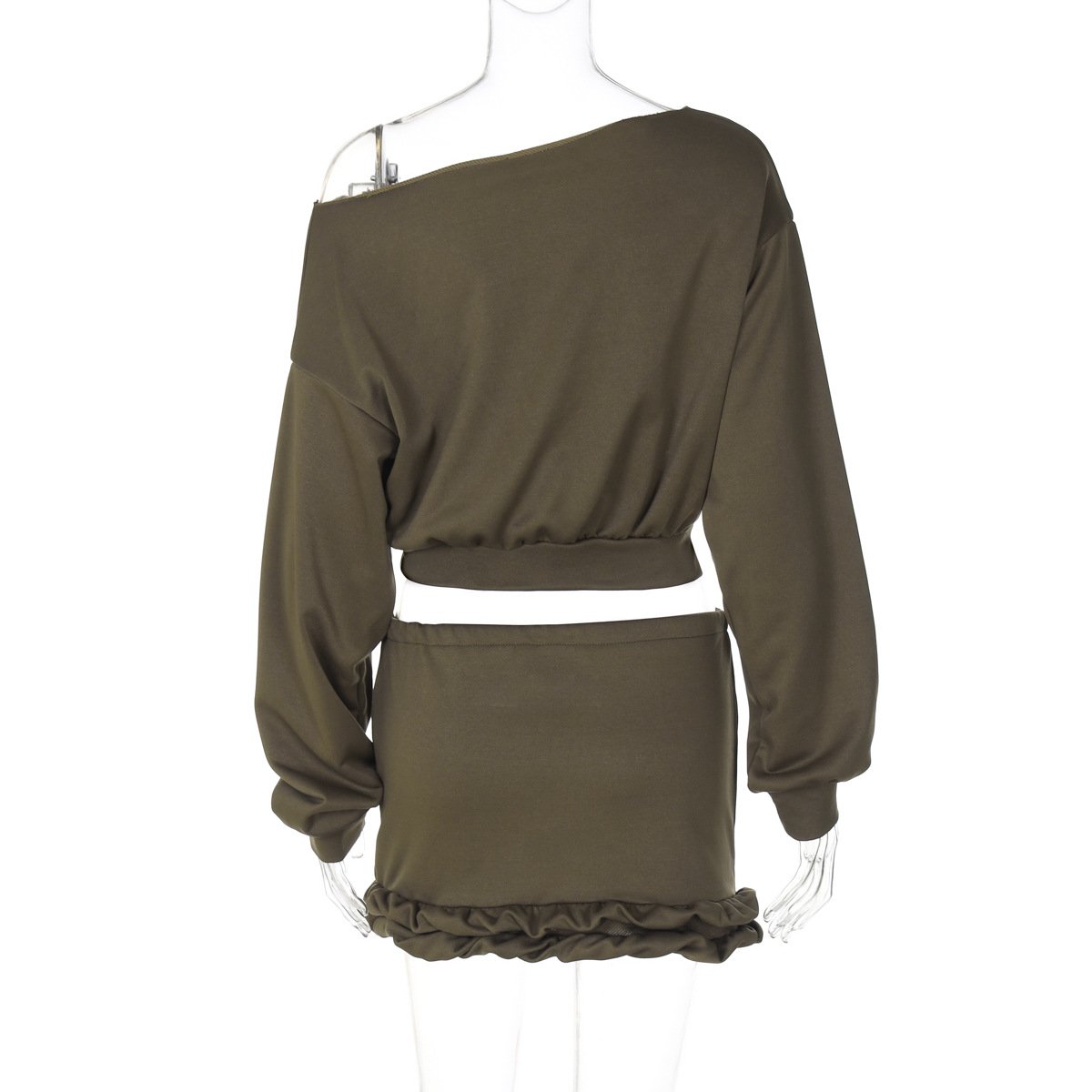 Long sleeve off shoulder self tie ruffle crop mini skirt set