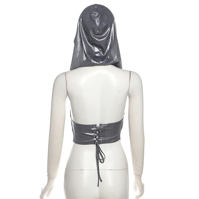 Hoodie metallic backless lace up crop top