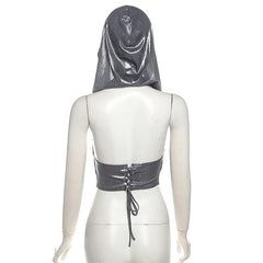Hoodie metallic backless lace up crop top