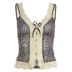 Leopard print lace bowknot rose applique cami top
