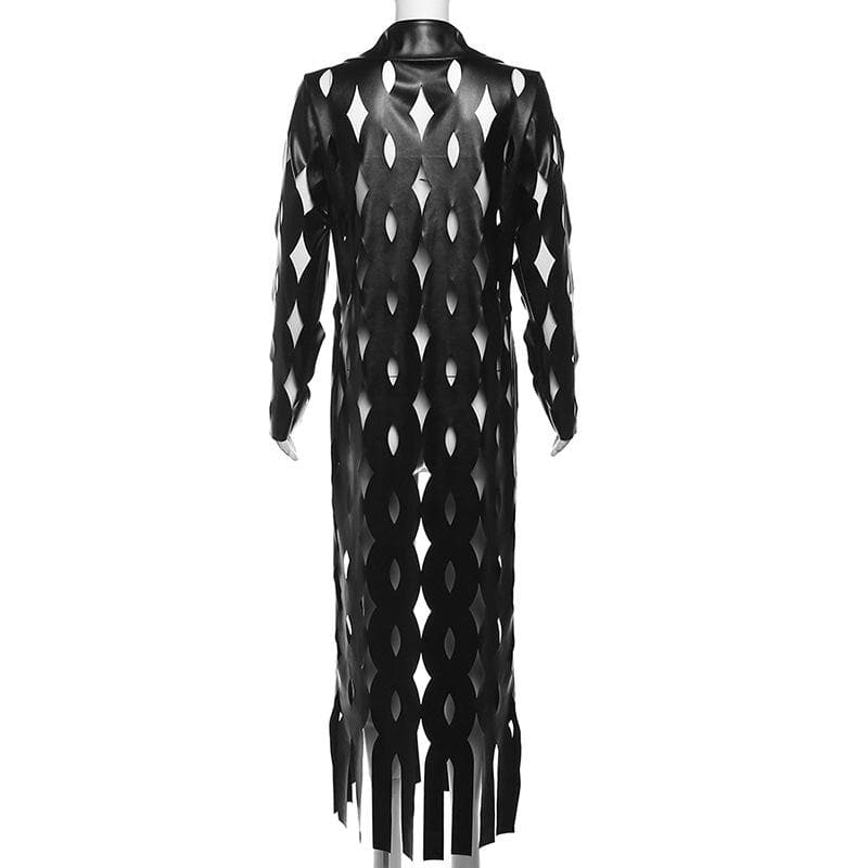Turnover collar hollow out PU leather long sleeve coat cut out top