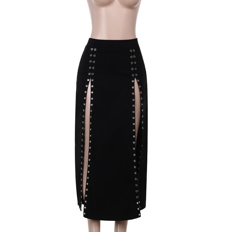 High slit solid metal maxi skirt