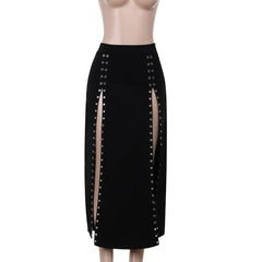 High slit solid metal maxi skirt