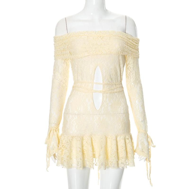 Long sleeve off shoulder lace self tie hollow out mini dress