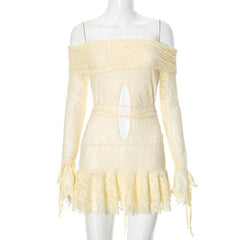Long sleeve off shoulder lace self tie hollow out mini dress