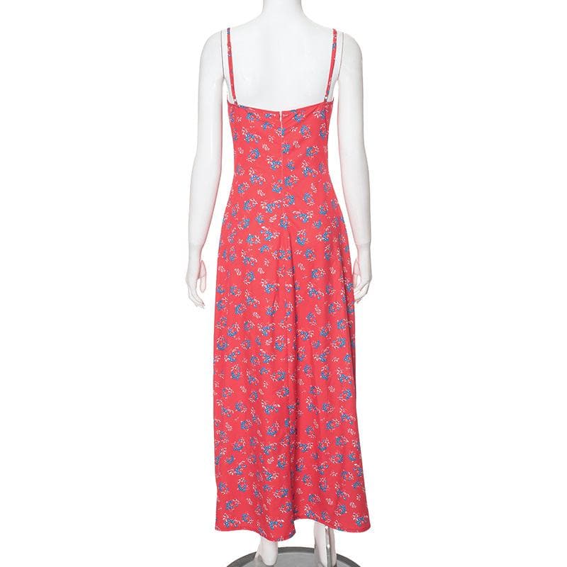 Flower print zip-up u neck cami maxi dress  | red tango dress