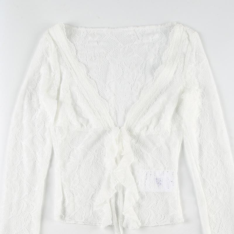 Long sleeve lace ruffle irregular self tie top