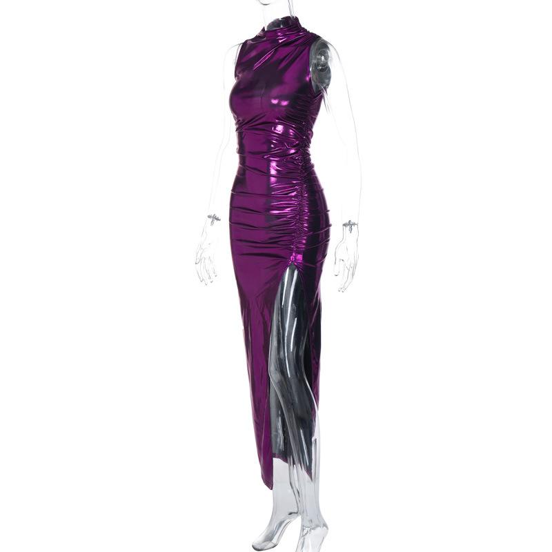 Sleeveless high neck metallic ruched high slit midi dress  | red tango dress