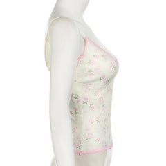V neck lace hem flower print ruched bowknot cami top