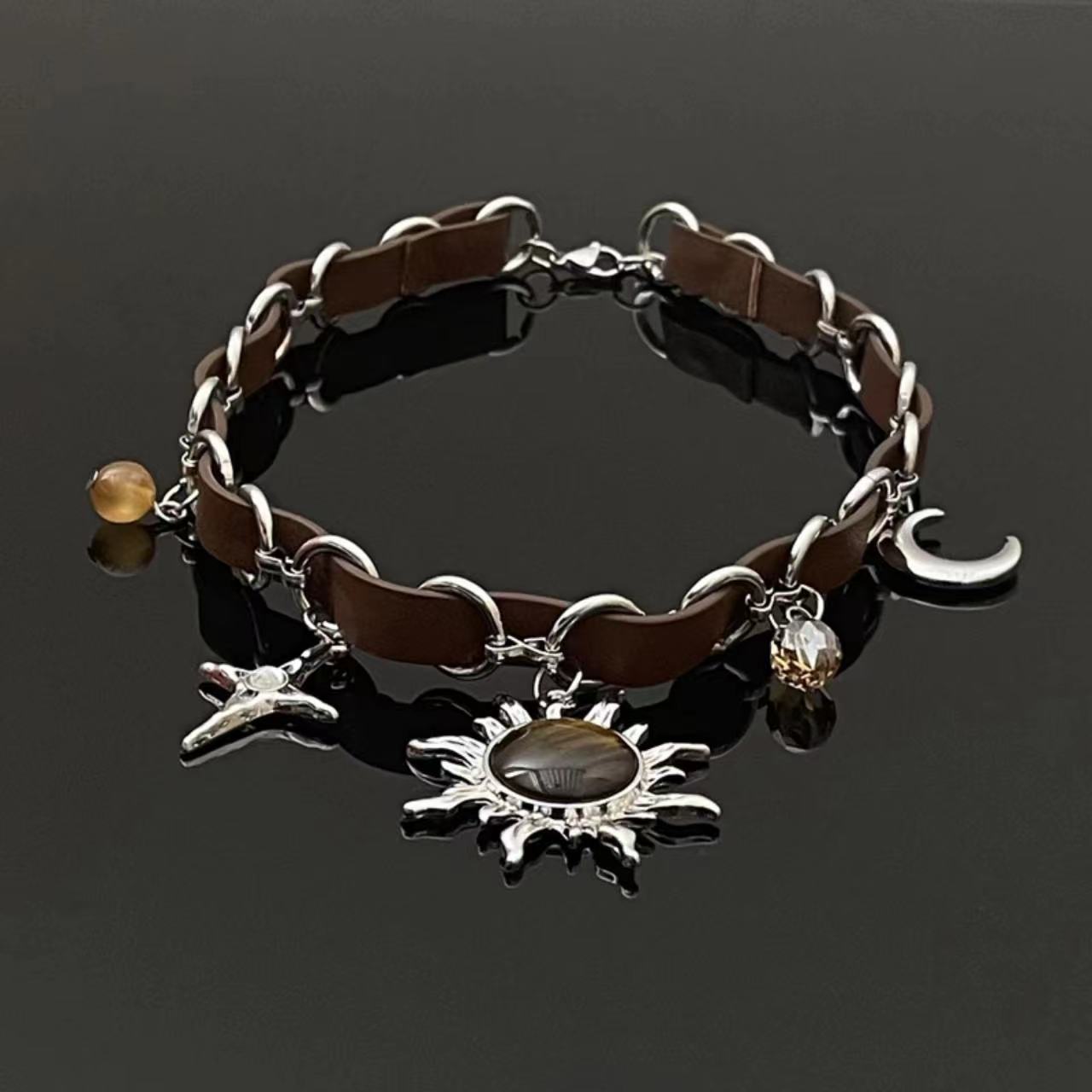 The sun moon cross o ring PU leather choker necklace