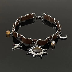 The sun moon cross o ring PU leather choker necklace