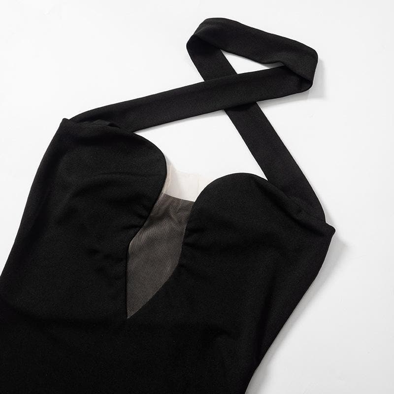 Halter cross front v neck solid backless mini dress  | black rave dress