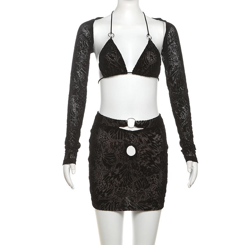 Halter o ring shrug 3 piece mini skirt set
