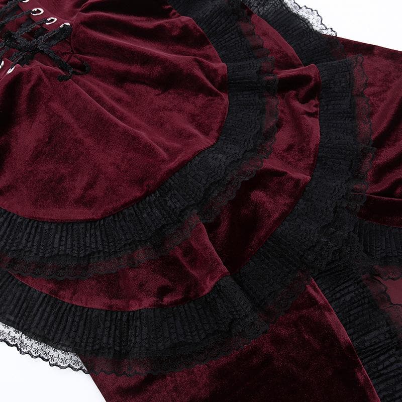 Velvet lace hem ruched lace up backless irregular midi dress  | red tango dress