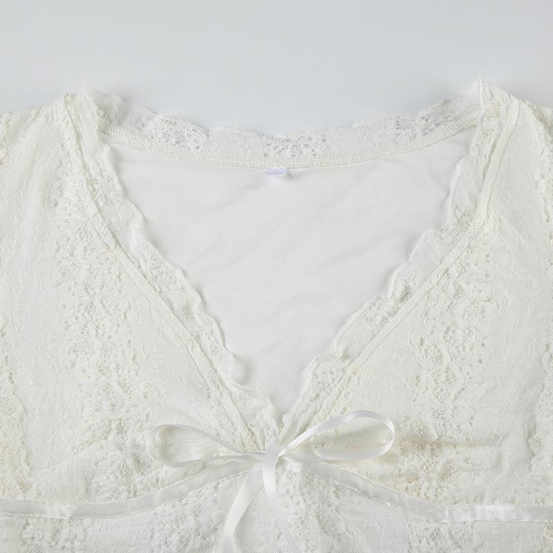 V neck long sleeve lace bowknot top