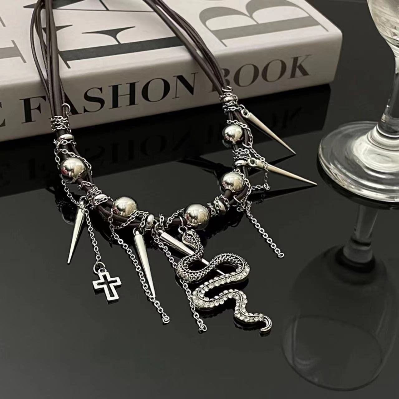 Snake PU leather beaded cross metal chain necklace