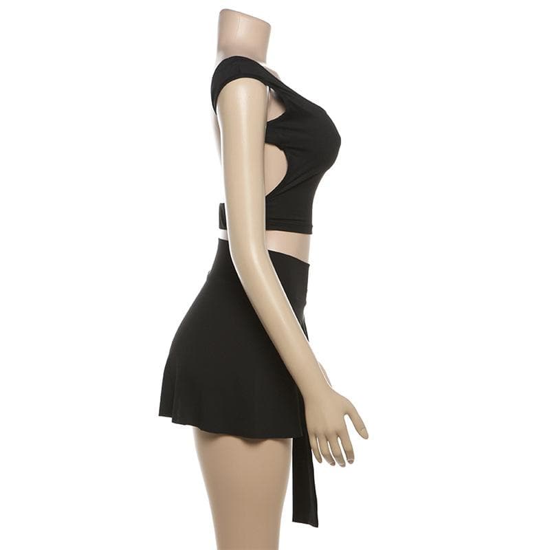 U neck backless o ring solid mini skirt set