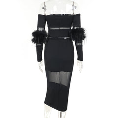 Off shoulder long sleeve fluffy mesh patchwork mini dress
