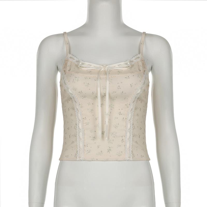 Lace hem bowknot ribbon print stitch cami top
