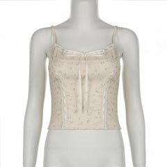 Lace hem bowknot ribbon print stitch cami top