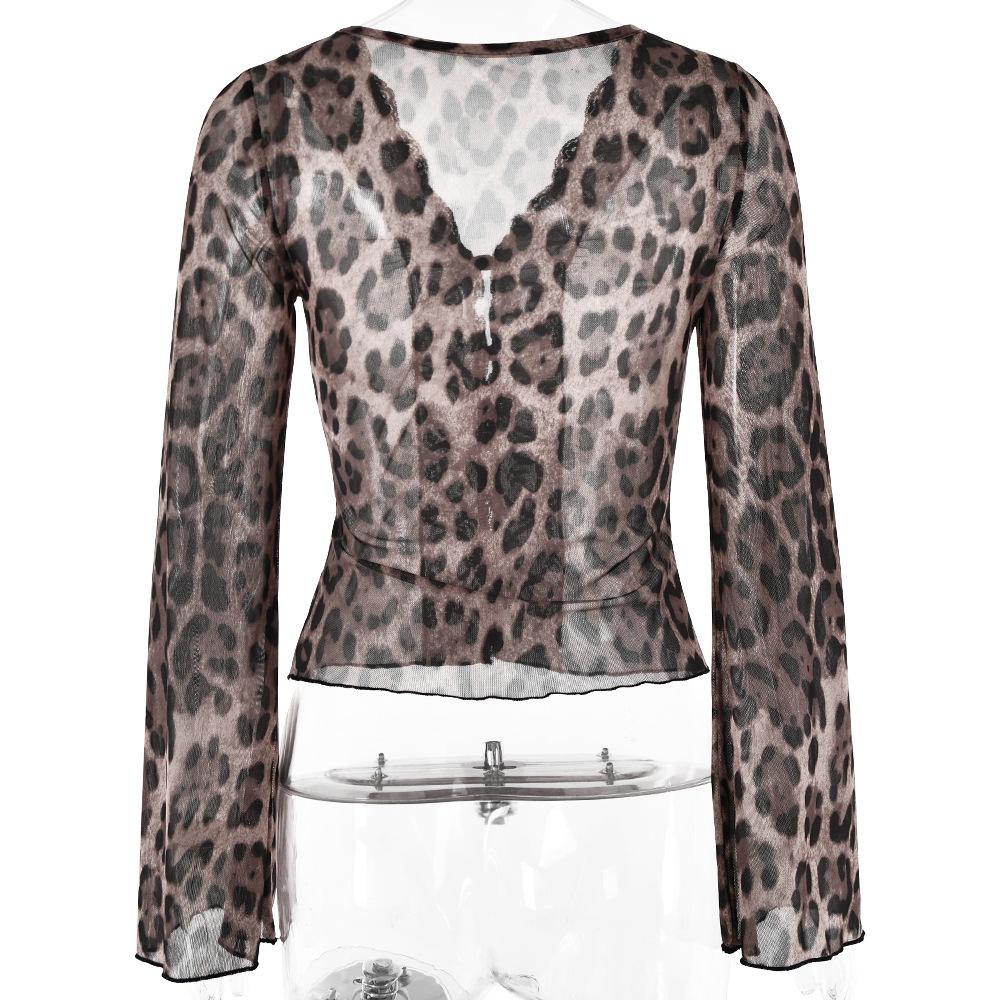 Long sleeve leopard print v neck lace button top