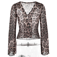 Long sleeve leopard print v neck lace button top