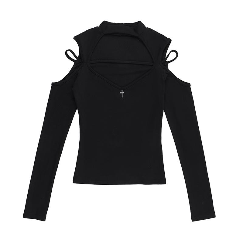High neck long sleeve hollow out cross metal top