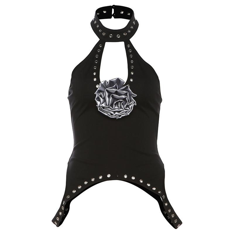 Halter flower applique solid hollow out top