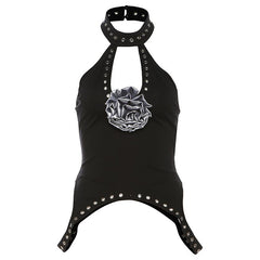 Halter flower applique solid hollow out top