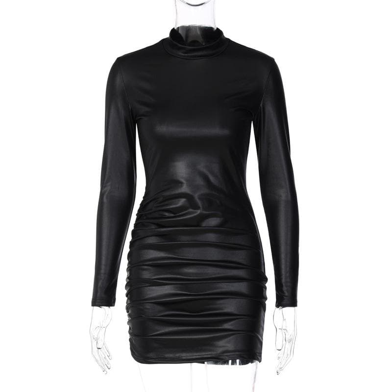 Ruched solid long sleeve high neck mini dress  | red tango dress