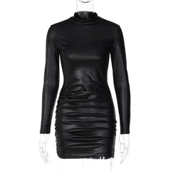 Ruched solid long sleeve high neck mini dress  | red tango dress