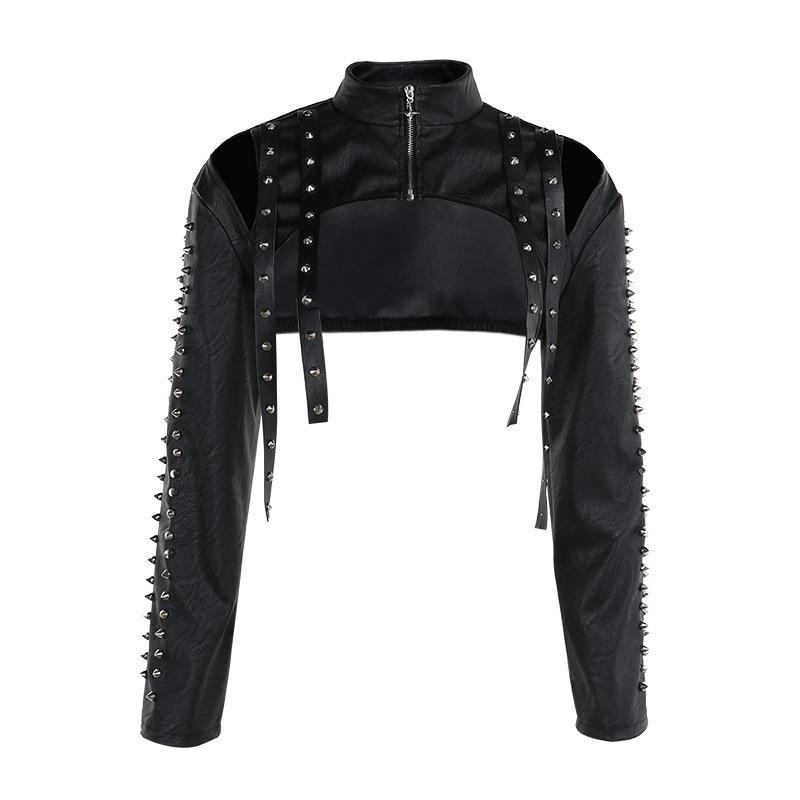 High neck PU leather zip-up hollow out shrug top