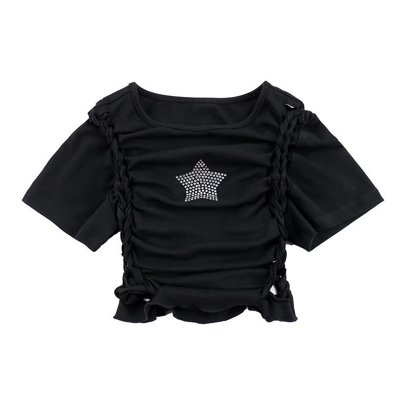Short sleeve crewneck beaded hollow out top