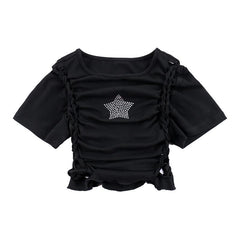 Short sleeve crewneck beaded hollow out top