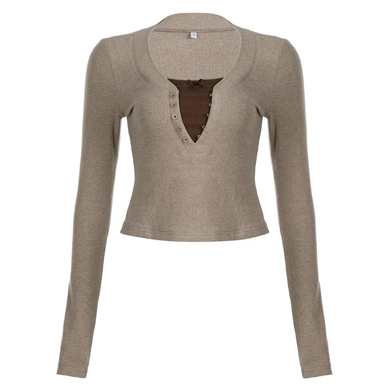 Button contrast patchwork long sleeve top