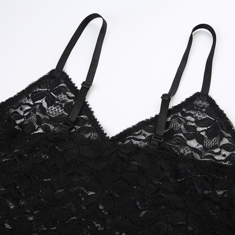 Lace see through solid v neck cami top