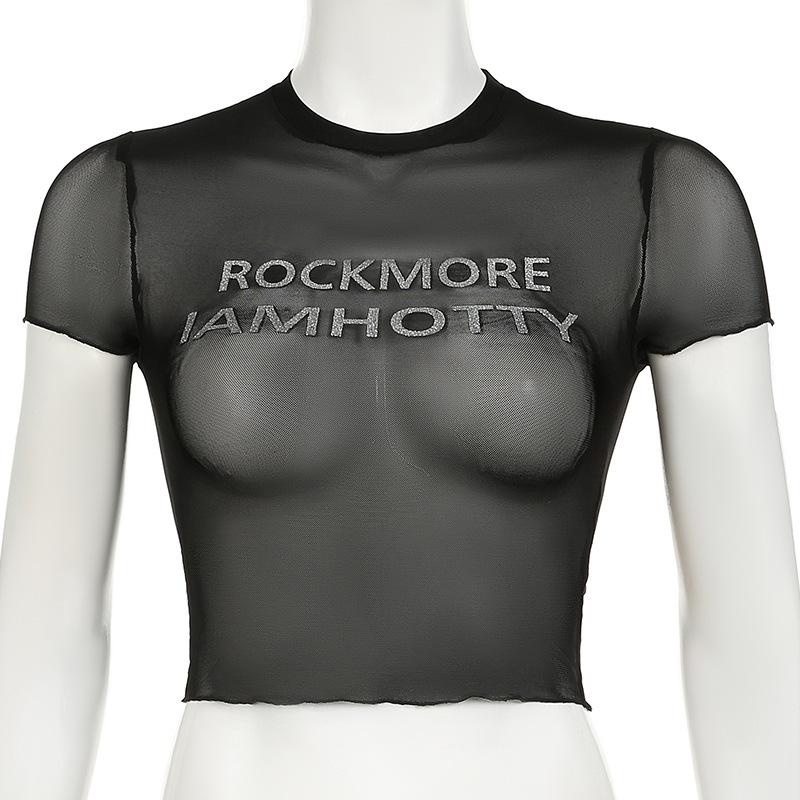 Short sleeve sheer mesh letter print crop top