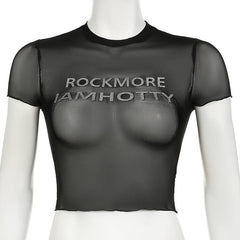 Short sleeve sheer mesh letter print crop top
