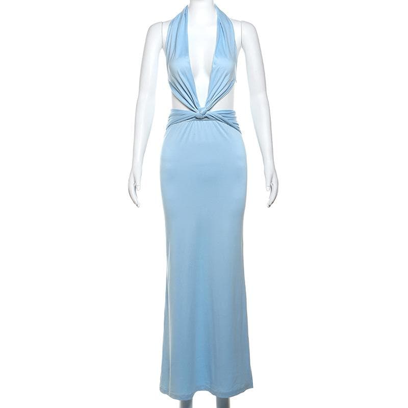 Halter deep v neck ruched backless maxi dress