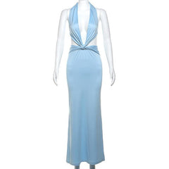 Halter deep v neck ruched backless maxi dress