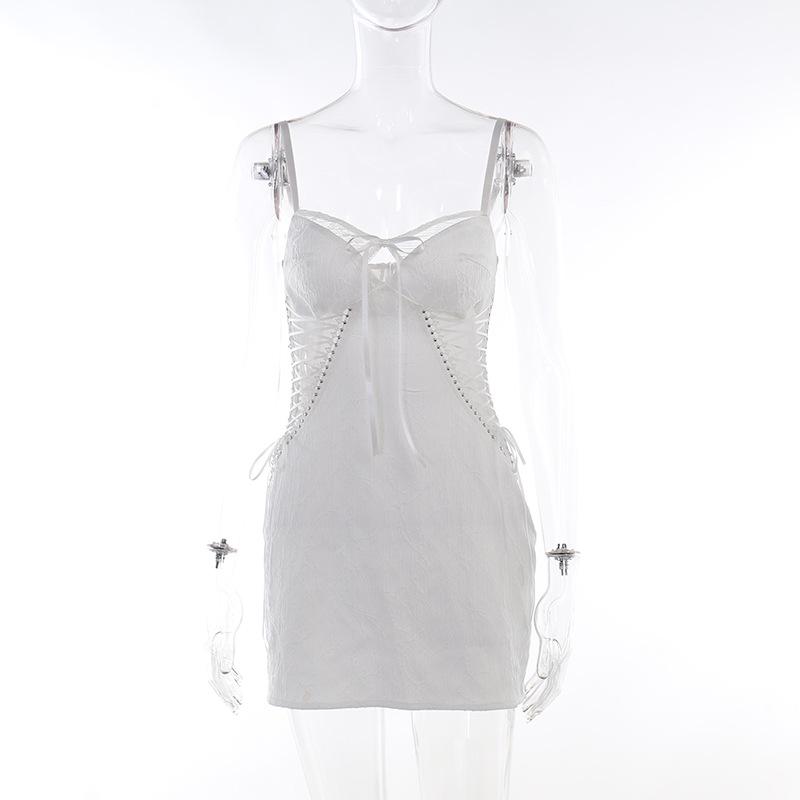 Bowknot sweetheart neck lace lace up textured cami mini dress